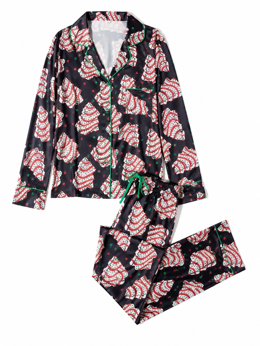 Sheshow Christmas Tree Print Satin Pajama Set Long Sleeve Button Front NWT - Picture 2 of 3